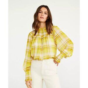 Ann Taylor Plaid Smocked Yoke Top Bright Celery Blouse Career $98 Women's Medium